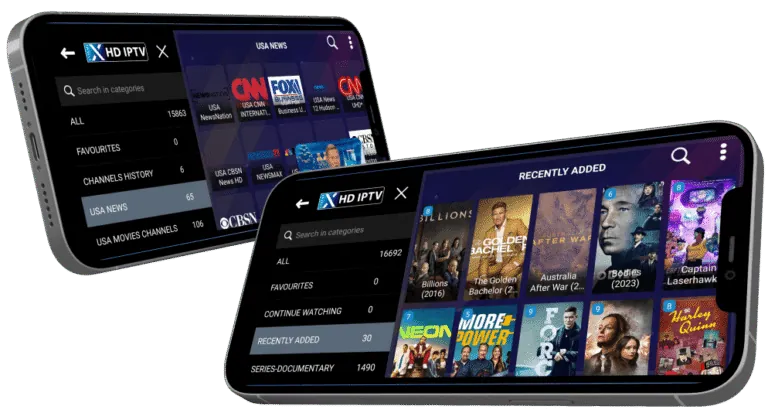 Xtreme HD IPTV app showing US news channels and recently added series on two phones