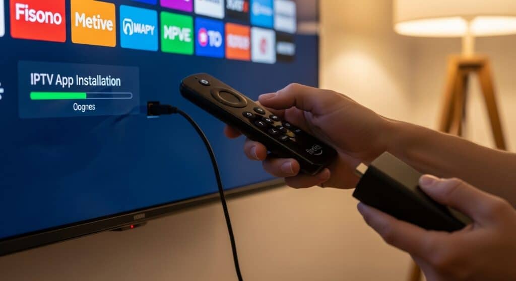 user installing an iptv app on a firestick connected to a smart television