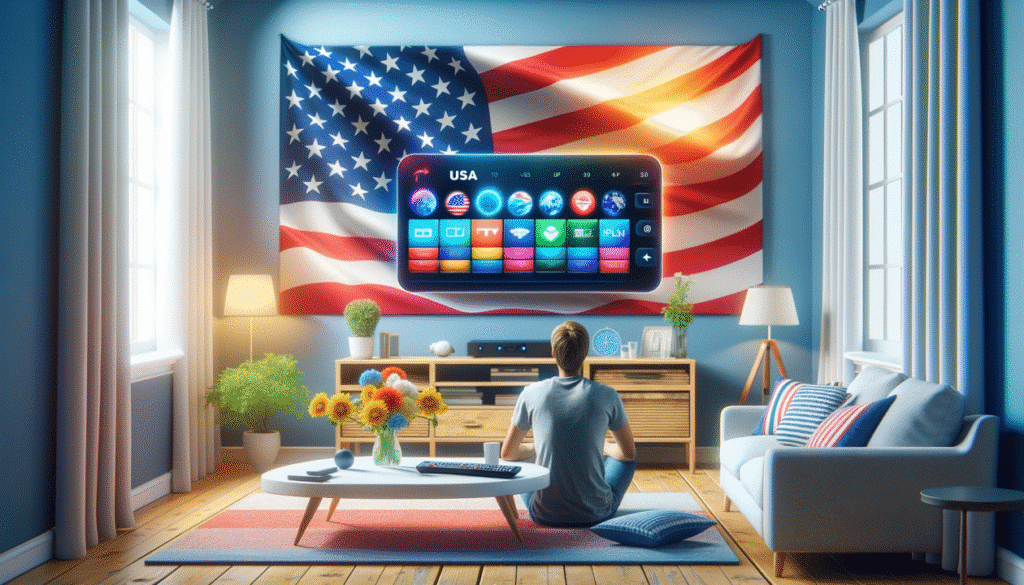 featured image showing iptv in usa with a smart TV and American home interior