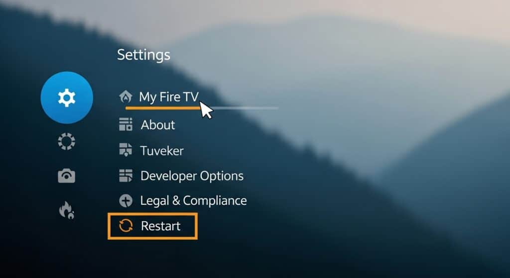 image showing how to restart firestick through the Settings and My Fire TV menu steps
