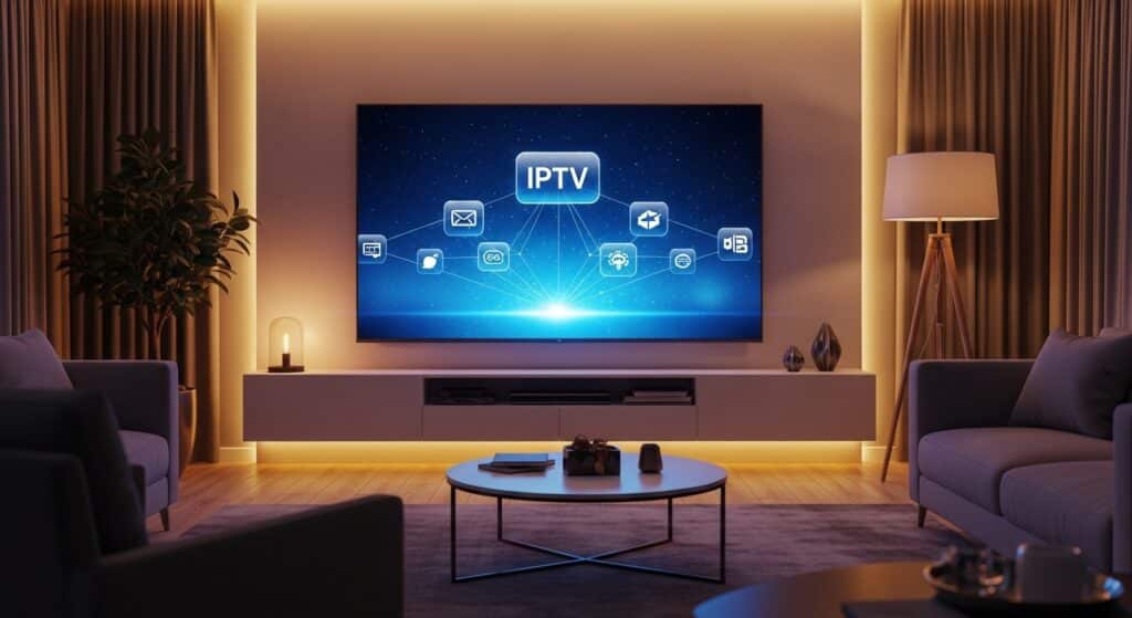 featured image showing what is iptv concept on a modern smart tv in a living room