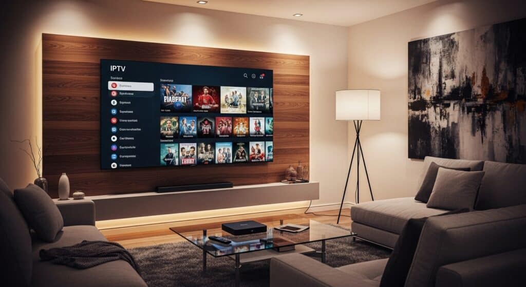featured image showing a modern living room with a smart TV displaying an iptv interface