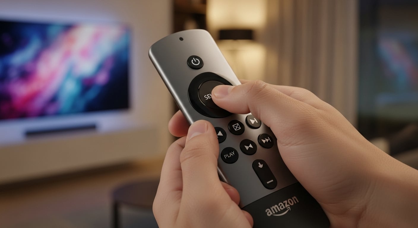realistic photo showing how to restart firestick using the remote shortcut by pressing Select and Play Pause