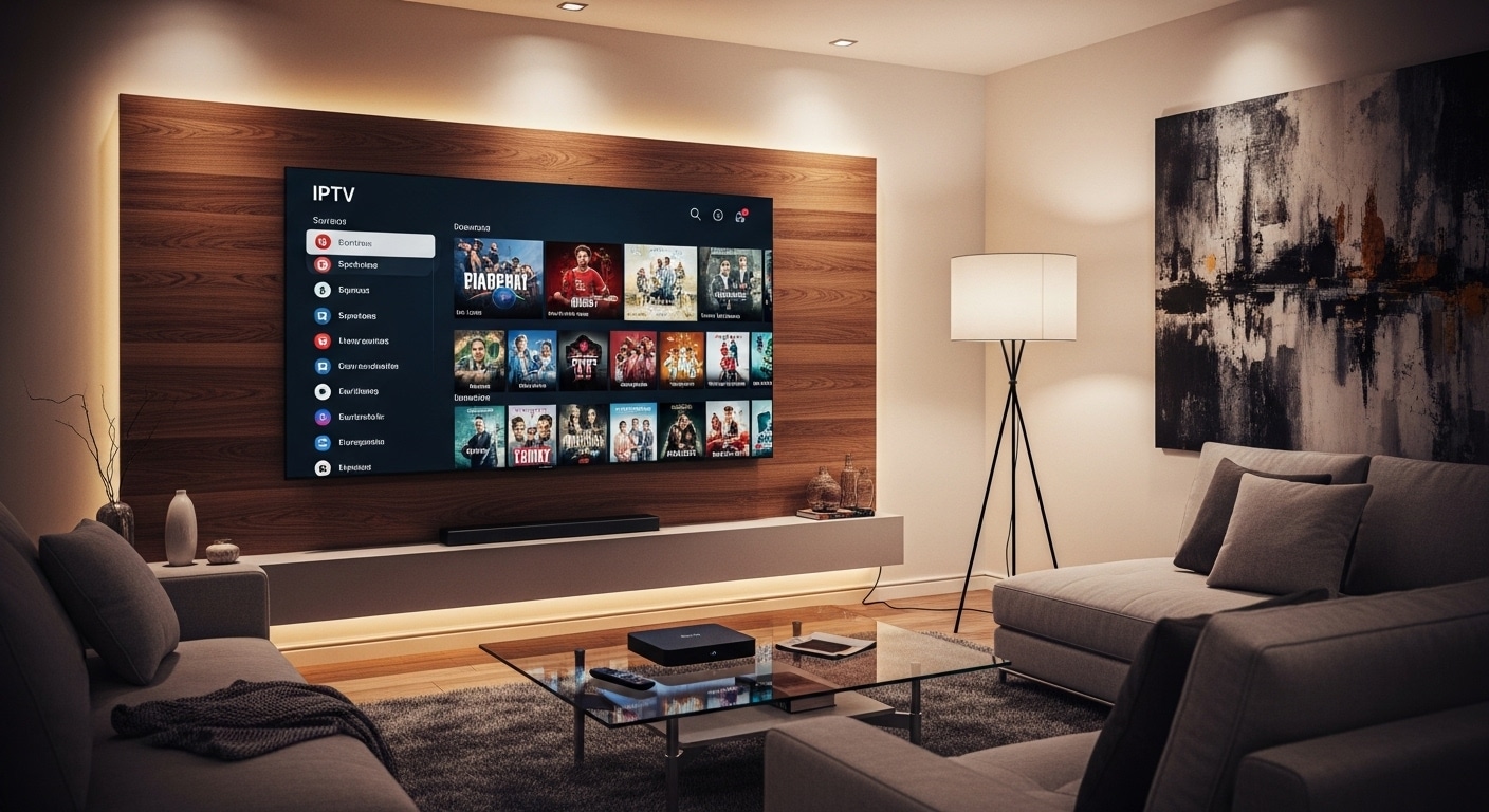 featured image showing a modern living room with a smart TV displaying an iptv interface